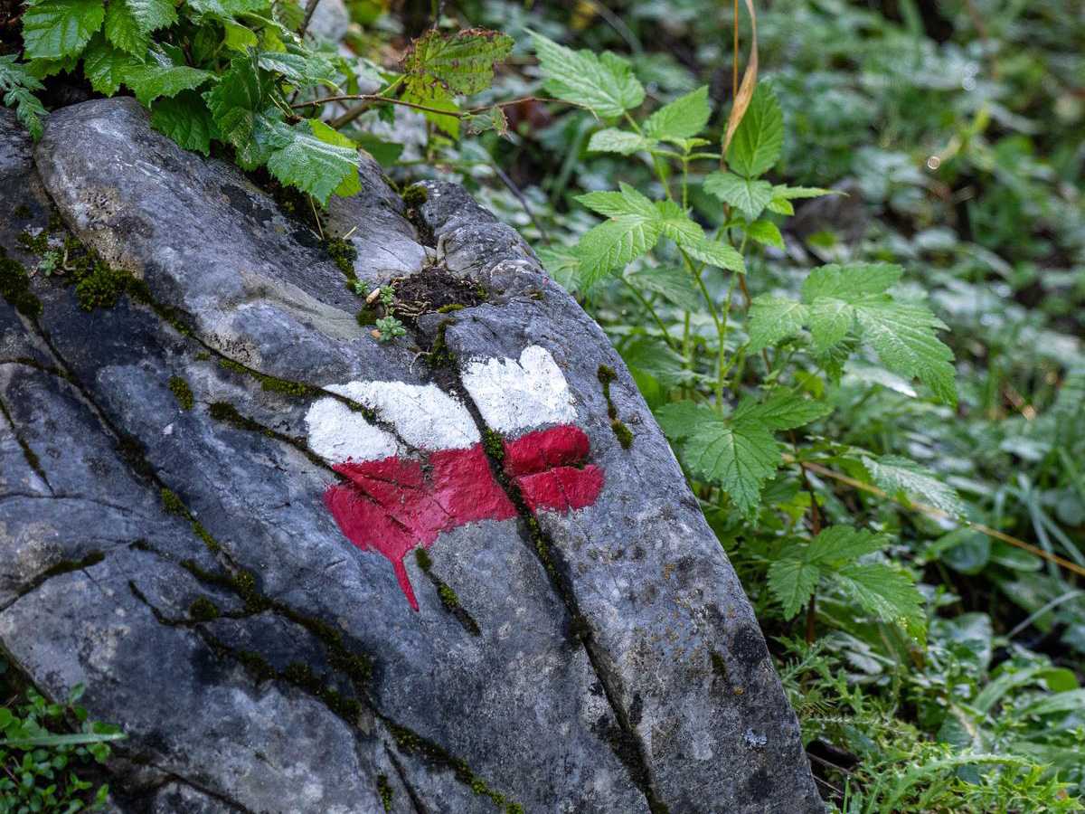 Waymarker sign on the trail to Rifugio Garelli