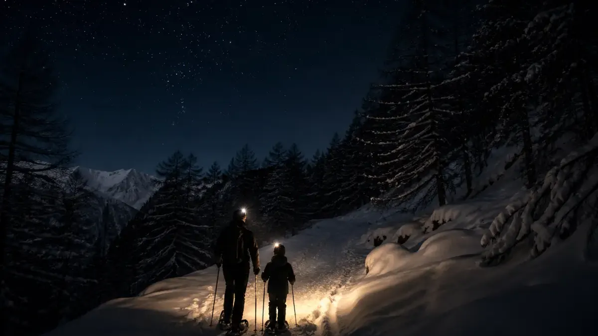 Night snowshoeing Valle Gesso — torchlight on the trail to the Suffiett waterfalls, Entracque