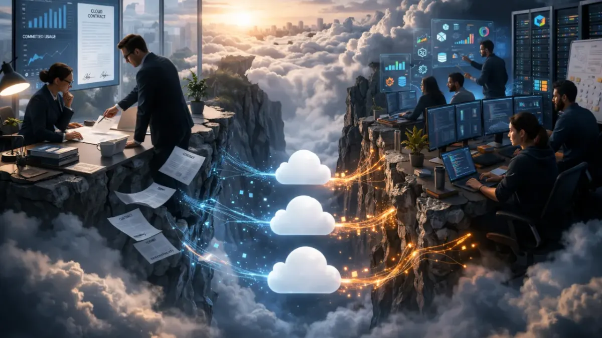 Cloud waste procurement dashboard showing AWS Azure and GCP cost breakdown by service and team