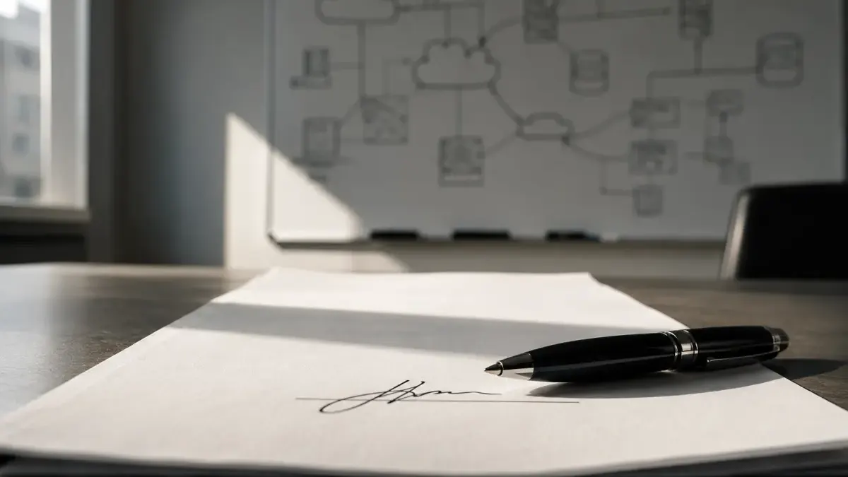 Procurement professional reviewing a cloud vendor contract to assess lock-in risk and exit clauses